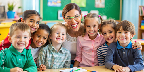 Happy Kids and Teacher at School