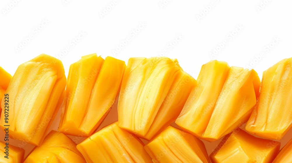 A close-up of jackfruit pieces arranged in a row, with focus on the detailed texture of the fruit's flesh and the contrasting seeds, isolated on white A close-up of jackfruit pieces arranged in a row, with focus on the detailed texture of the fruit's flesh and the contrasting seeds, isolated on white