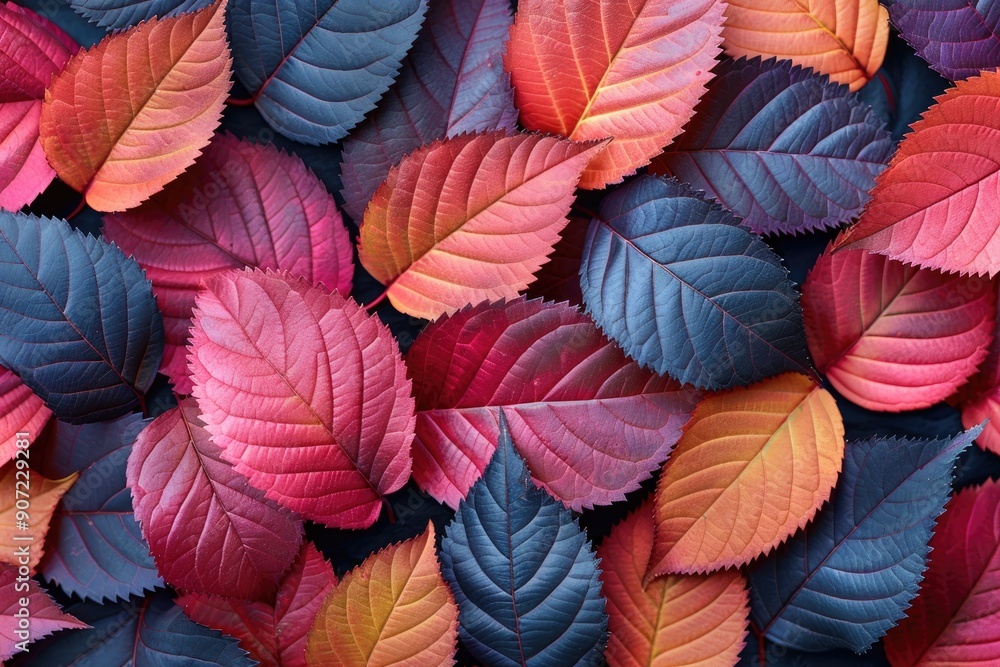 A Colorful Arrangement of Autumn Leaves in Red, Orange, and Blue Hues A Colorful Arrangement of Autumn Leaves in Red, Orange, and Blue Hues
