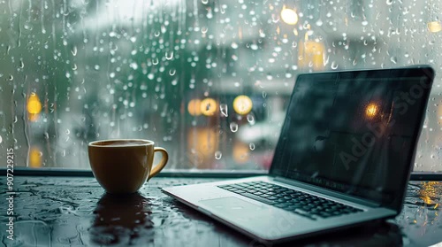  Cup of coffee and laptop positioned by a window on a rainy day, offering a cozy and reflective atmosphere with raindrops
 Seamless looping 4k time-lapse virtual video animation Generated AI