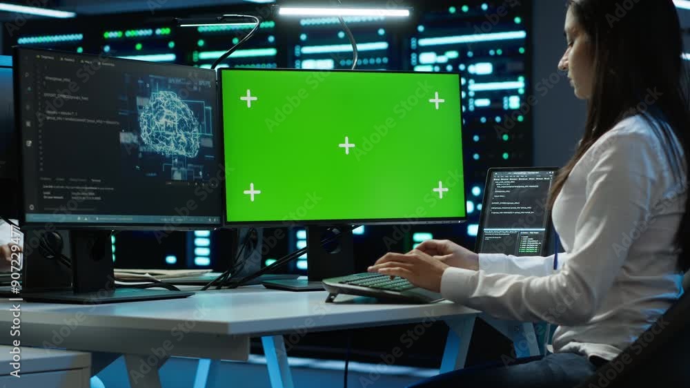 Technician doing checkup on green screen server hub PC to optimize it for data processing requirements of AI. Worker inspects data center used for machine learning using mockup computer, camera A Technician doing checkup on green screen server hub PC to optimize it for data processing requirements of AI. Worker inspects data center used for machine learning using mockup computer, camera A