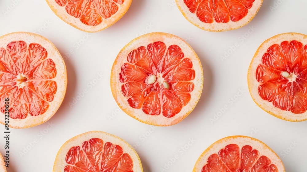 A cluster of grapefruit halves with seeds visible, the citrus juice reflecting light. Isolated on a crisp white backdrop for a minimalistic look A cluster of grapefruit halves with seeds visible, the citrus juice reflecting light. Isolated on a crisp white backdrop for a minimalistic look
