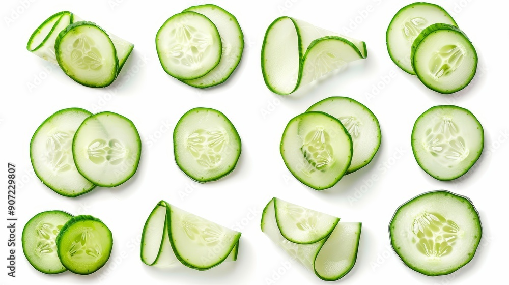 A collection of cucumber slices in varying thicknesses, showcasing the vibrant green rind and pale flesh. Isolated on white A collection of cucumber slices in varying thicknesses, showcasing the vibrant green rind and pale flesh. Isolated on white
