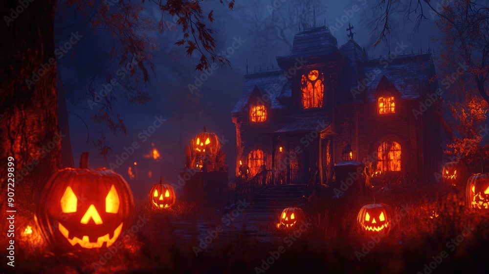 Halloween background with pumpkins and haunted house - 3D render. Halloween background with Evil Pumpkin. Spooky scary dark Night forrest. Holiday event halloween banner background concept Halloween background with pumpkins and haunted house - 3D render. Halloween background with Evil Pumpkin. Spooky scary dark Night forrest. Holiday event halloween banner background concept