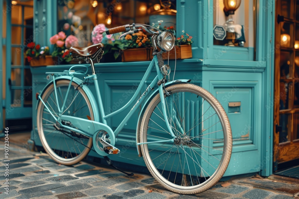 Aqua Bicycle Parked by a Blue-Green Doorway Aqua Bicycle Parked by a Blue-Green Doorway