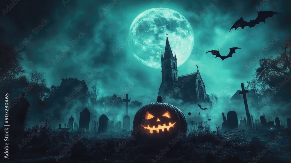 Pumpkin zombie Rising Out Of A Graveyard cemetery and church In Spooky scary dark Night full moon bats on tree. Holiday event halloween banner background concept Pumpkin zombie Rising Out Of A Graveyard cemetery and church In Spooky scary dark Night full moon bats on tree. Holiday event halloween banner background concept