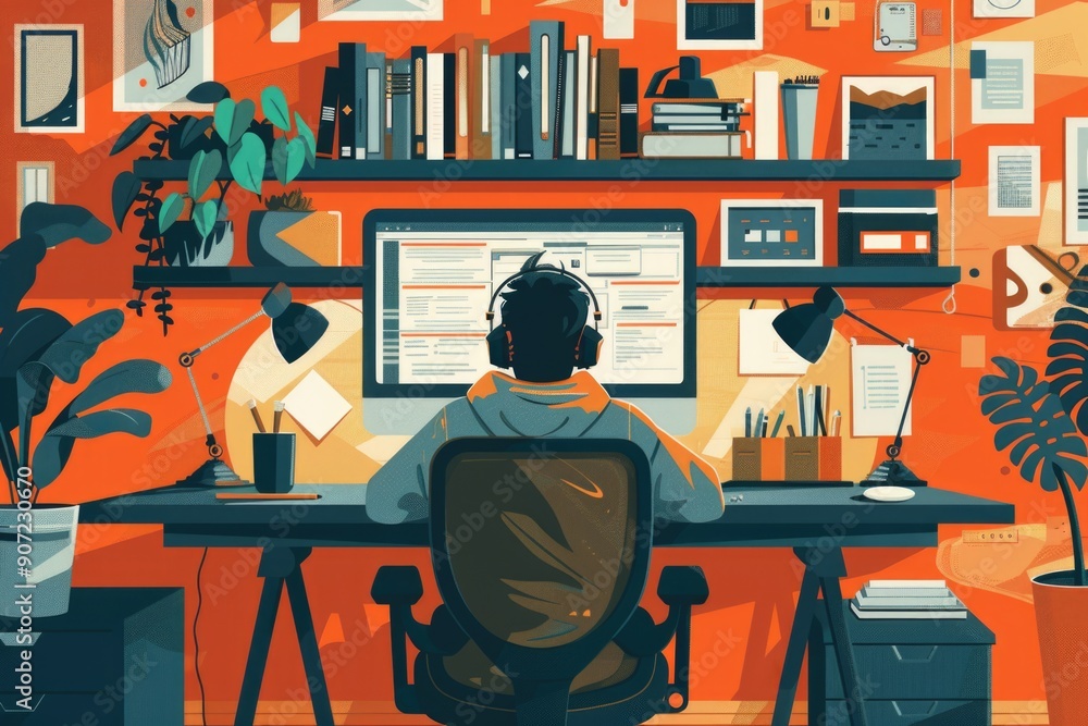 A person sits at a desk with a computer, ideal for depicting remote work or studying A person sits at a desk with a computer, ideal for depicting remote work or studying