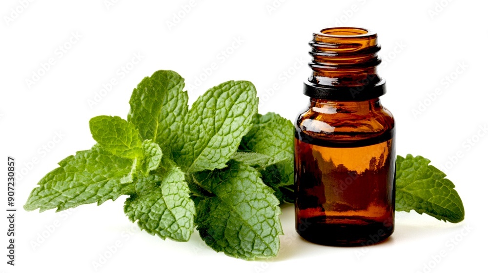 Peppermint essential oil in glass bottle with fresh peppermint leave, on a white background Peppermint essential oil in glass bottle with fresh peppermint leave, on a white background