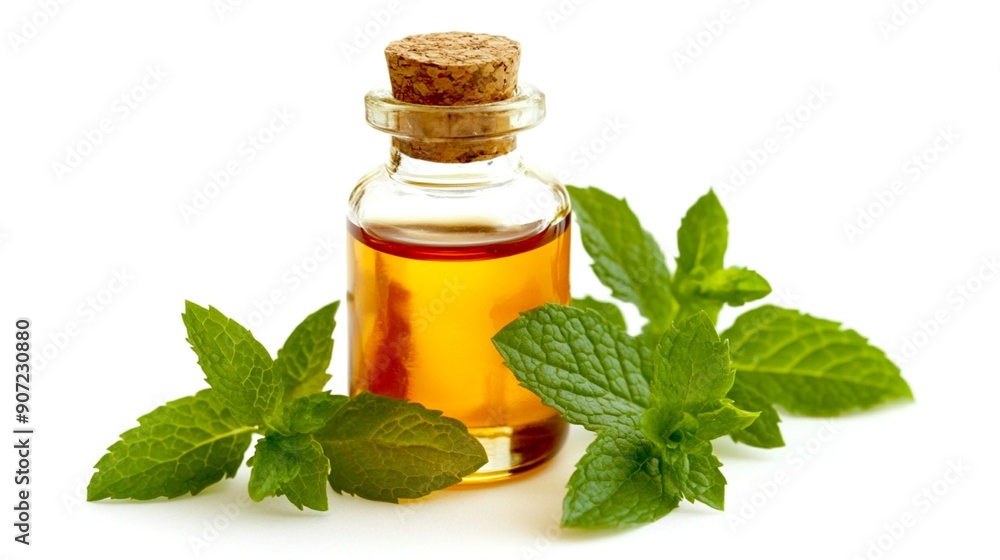 Peppermint essential oil in glass bottle with fresh peppermint leave, on a white background Peppermint essential oil in glass bottle with fresh peppermint leave, on a white background