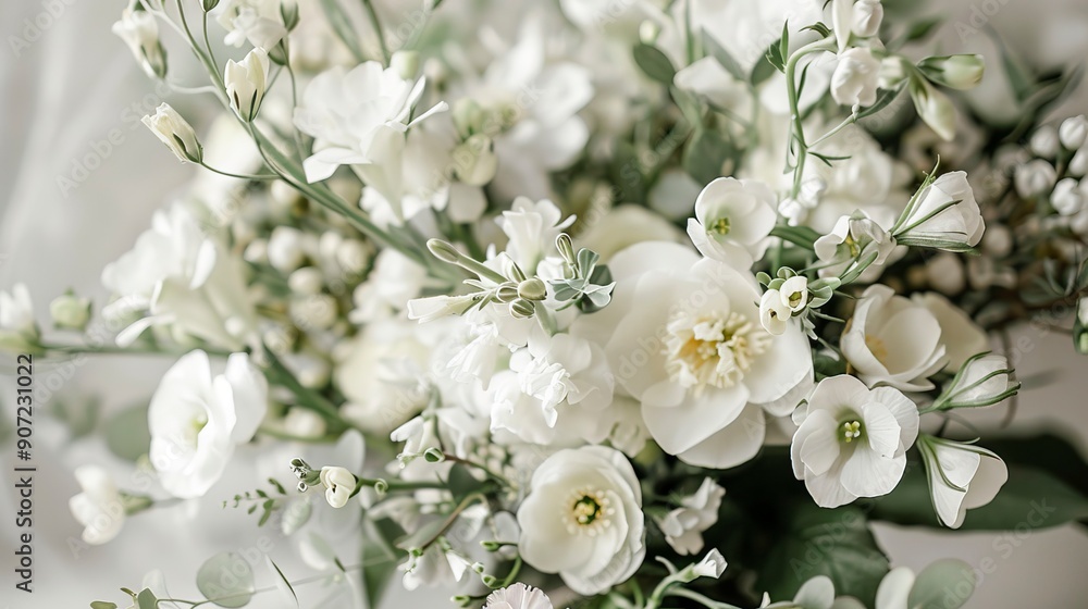 Fototapeta premium details of a wedding bouquet with white buttercups and fresia