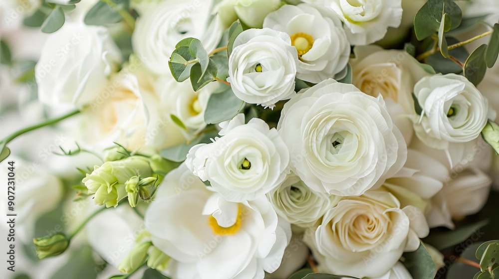 details of a wedding bouquet with white buttercups and fresia details of a wedding bouquet with white buttercups and fresia