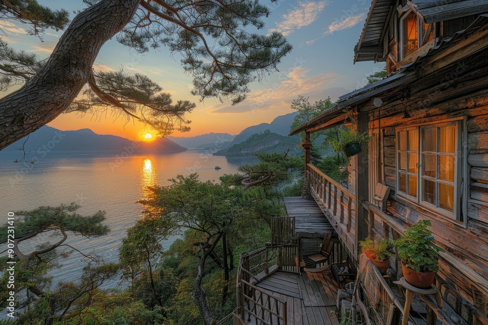 Obraz premium A wooden cabin perched on a cliff overlooking a tranquil lake at sunset.