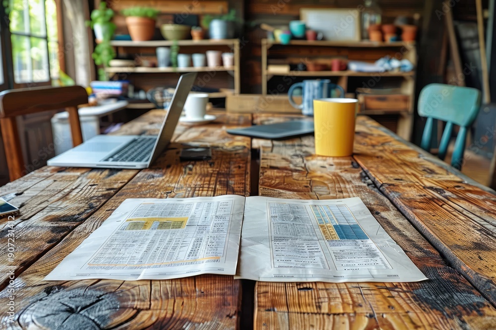 A Wooden Table with a Laptop, a Newspaper, and a Yellow Cup A Wooden Table with a Laptop, a Newspaper, and a Yellow Cup