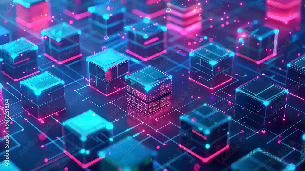 A digitally rendered image of a futuristic network of interconnected glowing cubes with intricate details and vibrant colors. A digitally rendered image of a futuristic network of interconnected glowing cubes with intricate details and vibrant colors.