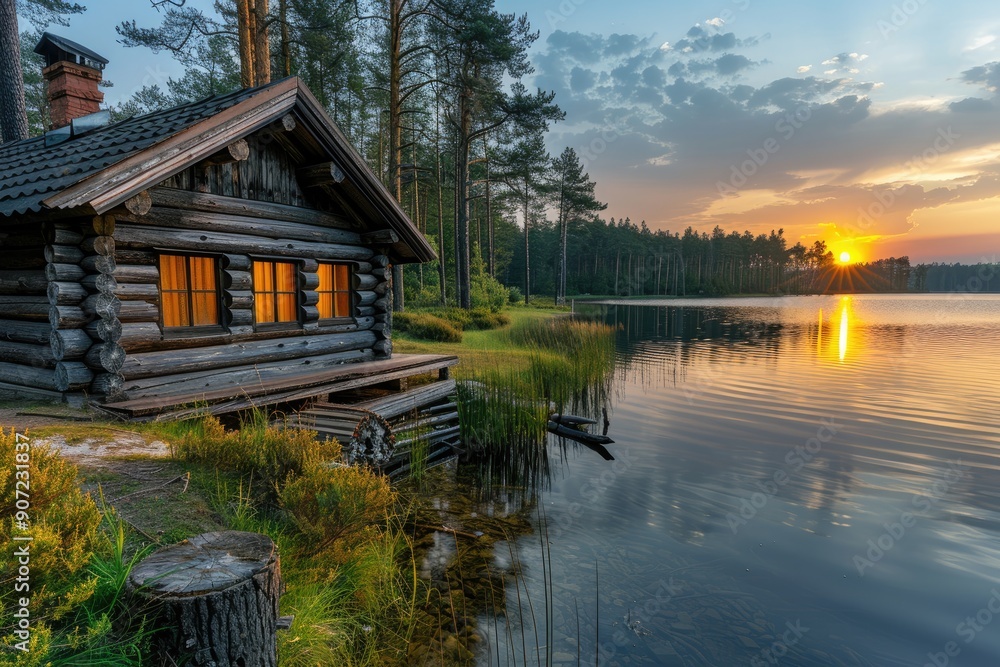 Cabin with Illuminated Windows on a Lake at Sunset Cabin with Illuminated Windows on a Lake at Sunset