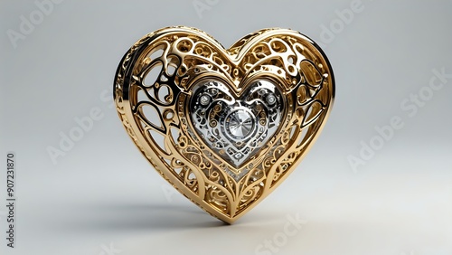 Gold heart shaped object with intricate design and gears.