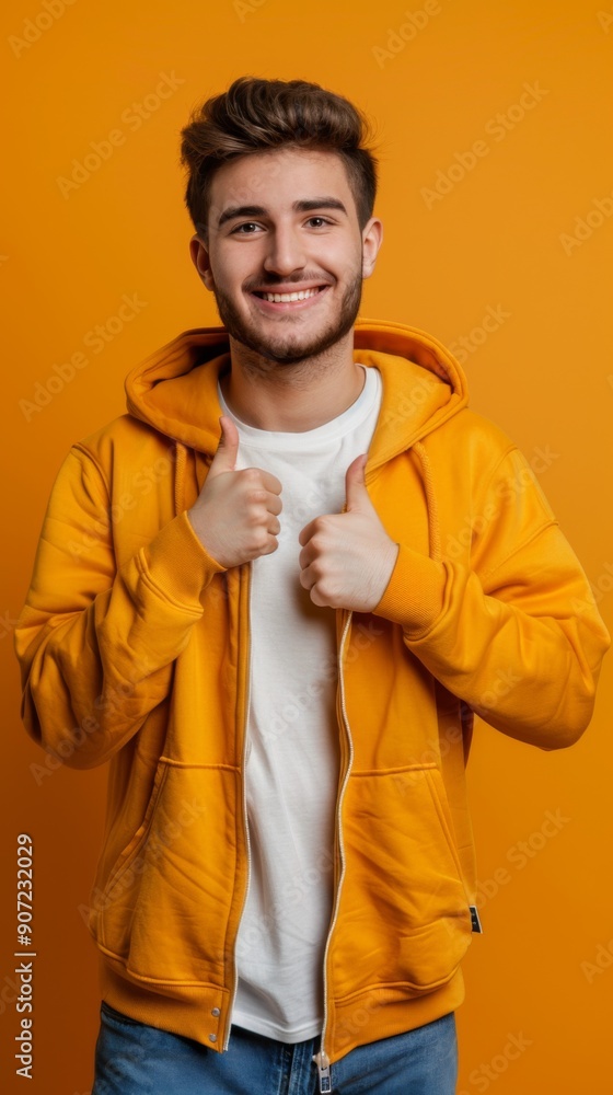 Youthful Joy in Tech: A Portrait of a Happy Young Man in Casual Hoodie Giving a Thumbs Up in a Simulated Workspace, Isolated on a Vibrant Yellow-Orange Background. Youthful Joy in Tech: A Portrait of a Happy Young Man in Casual Hoodie Giving a Thumbs Up in a Simulated Workspace, Isolated on a Vibrant Yellow-Orange Background.