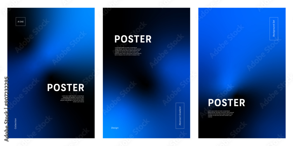 Set of three minimalist posters background with abstract blue gradient on black, ideal for social media, poster, cover, banner, placard or flyer Set of three minimalist posters background with abstract blue gradient on black, ideal for social media, poster, cover, banner, placard or flyer