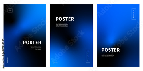 Set of three minimalist posters background with abstract blue gradient on black, ideal for social media, poster, cover, banner, placard or flyer