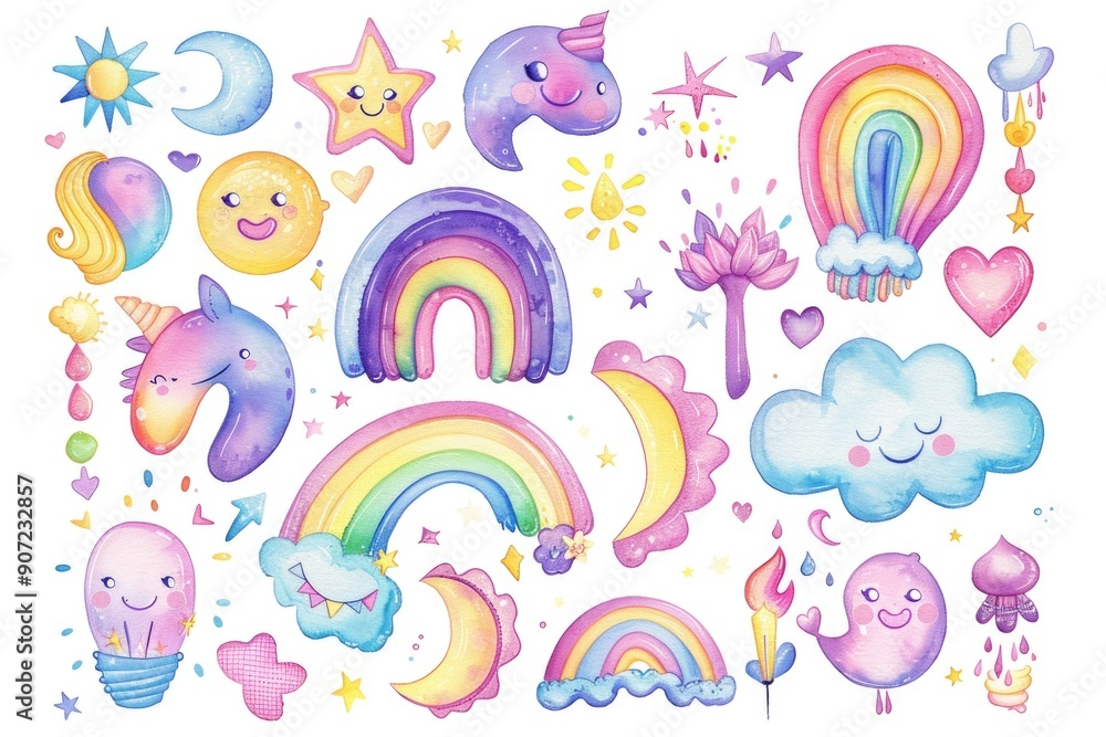 Obraz premium Beautifully illustrated watercolors of rainbows and fluffy clouds, perfect for illustrating weather forecasts or mood boards