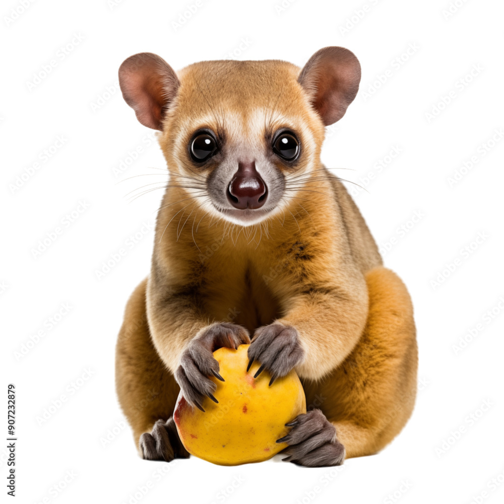 Fototapeta premium Cute Kinkajou Holding A Yellow Fruit On Transparent Background