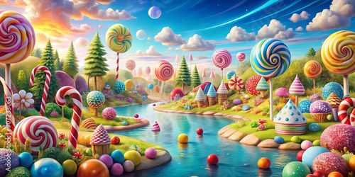Colorful and whimsical landscape featuring candy canes, lollipops, gumdrops, and chocolate rivers, fantastic, sweet