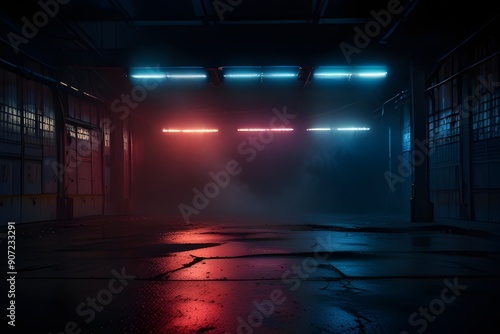 Dark empty space, blue and red neon spotlight, wet asphalt, smoke, night view industrial, rays. Abstract dark texture of an empty background with copy space mock up design Generative AI