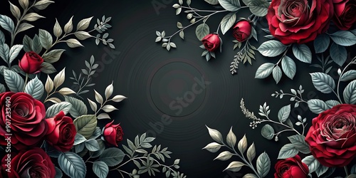 Fototapeta Naklejka Na Ścianę i Meble -  Dark and moody floral pattern with blood red roses and silver leaves on a black background , gothic, romantic, flowers, roses