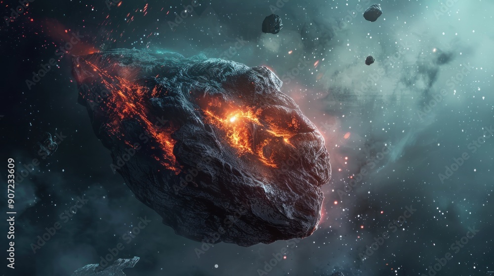 Meteorite asteroid made of futuristic shiny ice rock, floating in space. glowing across the vastness of outer space spinning around creating a sense of awe-inspiring majesty in outer space Meteorite asteroid made of futuristic shiny ice rock, floating in space. glowing across the vastness of outer space spinning around creating a sense of awe-inspiring majesty in outer space