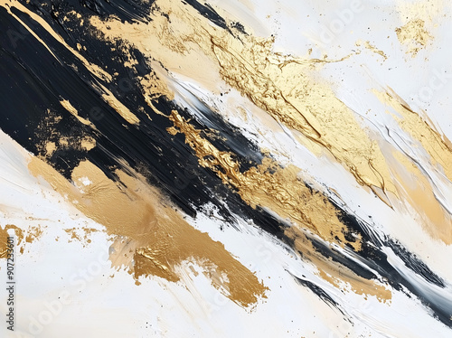 Abstract gold and black ink brush strokes on white background. Modern watercolor painting for design and print.
