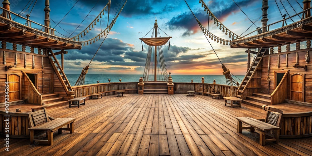 Naklejka premium Empty pirate ship deck background for theater stage scene, pirate, ship, deck, empty, background, theater, stage, scene, nautical