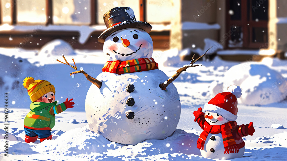 Obraz premium illustration of a child with a snowman, winter activities