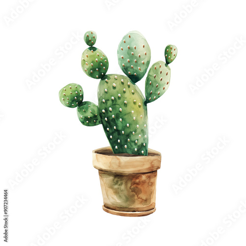 Watercolour painting of a potted cactus on a transparent background