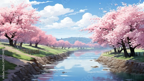 Serene anime landscape with cherry blossoms in full bloom by a tranquil river