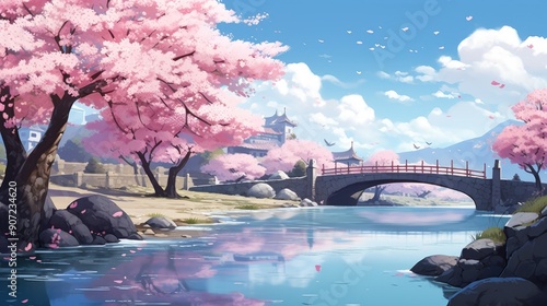 Serene anime landscape with cherry blossoms in full bloom by a tranquil river