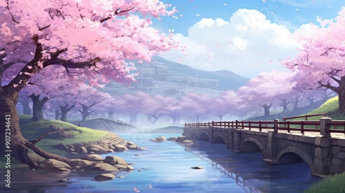 Serene anime landscape with cherry blossoms in full bloom by a tranquil river