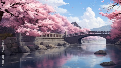 Serene anime landscape with cherry blossoms in full bloom by a tranquil river