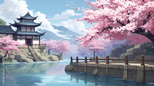 Serene anime landscape with cherry blossoms in full bloom by a tranquil river
