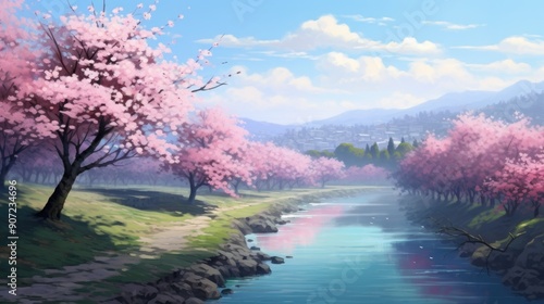 Serene anime landscape with cherry blossoms in full bloom by a tranquil river