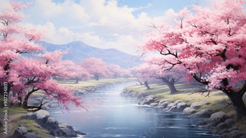 Serene anime landscape with cherry blossoms in full bloom by a tranquil river