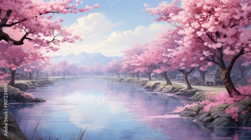 Serene anime landscape with cherry blossoms in full bloom by a tranquil river