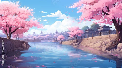 Serene anime landscape with cherry blossoms in full bloom by a tranquil river