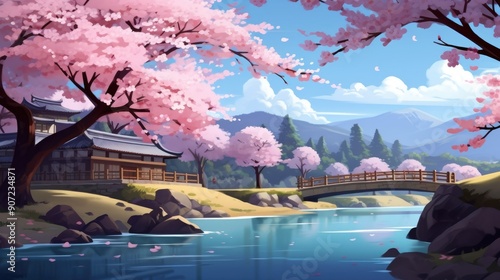 Serene anime landscape with cherry blossoms in full bloom by a tranquil river