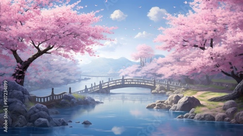 Serene anime landscape with cherry blossoms in full bloom by a tranquil river