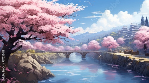 Serene anime landscape with cherry blossoms in full bloom by a tranquil river