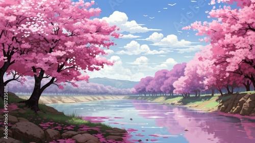 Serene anime landscape with cherry blossoms in full bloom by a tranquil river