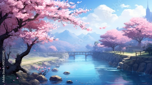 Serene anime landscape with cherry blossoms in full bloom by a tranquil river