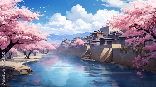 Serene anime landscape with cherry blossoms in full bloom by a tranquil river
