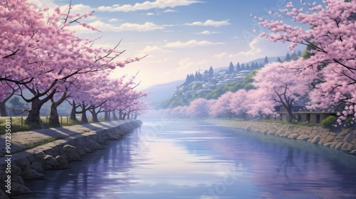 Serene anime landscape with cherry blossoms in full bloom by a tranquil river