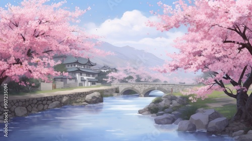 Serene anime landscape with cherry blossoms in full bloom by a tranquil river